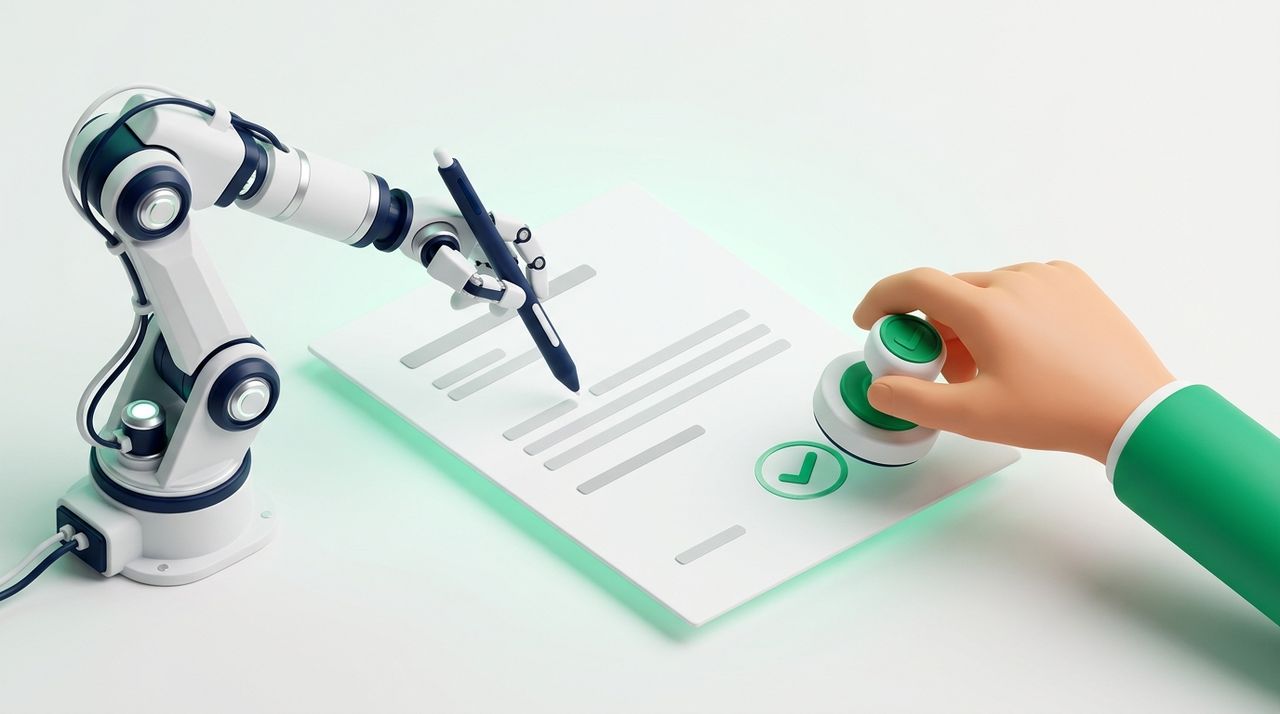 Illustration: a document being written by a robotic arm holding a pen, a human hand holding a green check stamp next to it