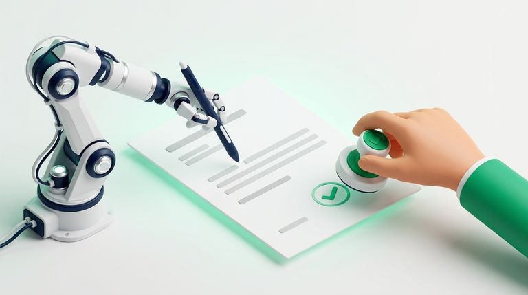 Illustration: a document being written by a robotic arm holding a pen, a human hand holding a green check stamp next to it