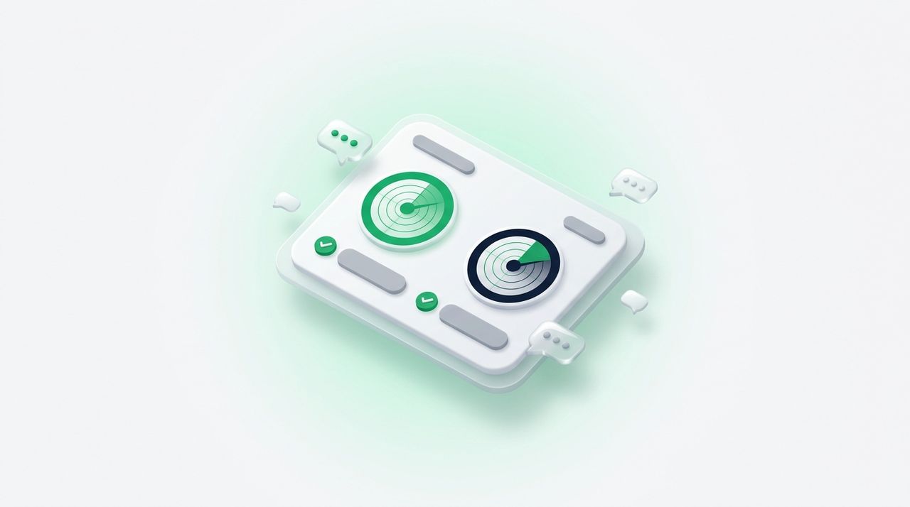 Illustration: a dashboard card with two radar-like gauges and check marks, small AI chat bubbles orbiting around it