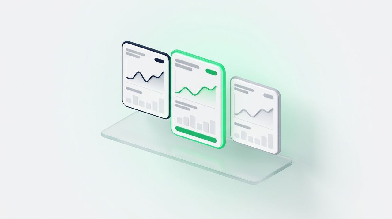 Illustration: several floating tool cards with small line charts arranged like a comparison shelf, one card highlighted green
