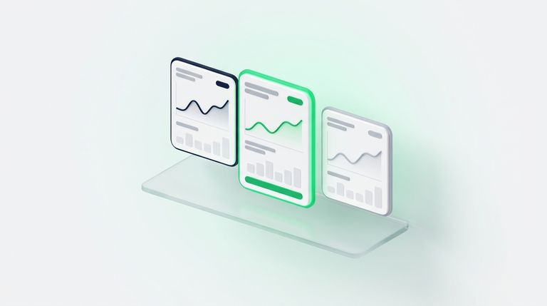Illustration: several floating tool cards with small line charts arranged like a comparison shelf, one card highlighted green