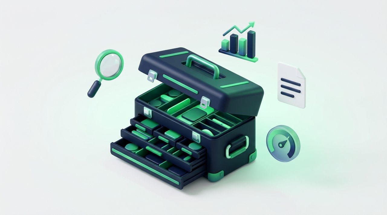 Illustration: an organized toolbox with floating tool icons (magnifier, chart, document, gauge), green accents