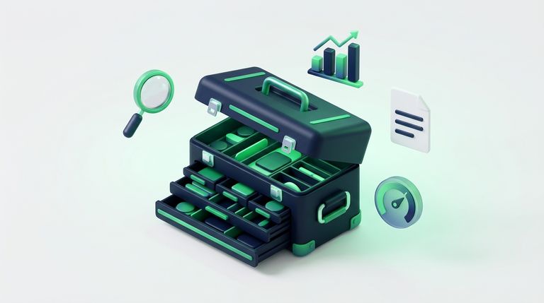 Illustration: an organized toolbox with floating tool icons (magnifier, chart, document, gauge), green accents