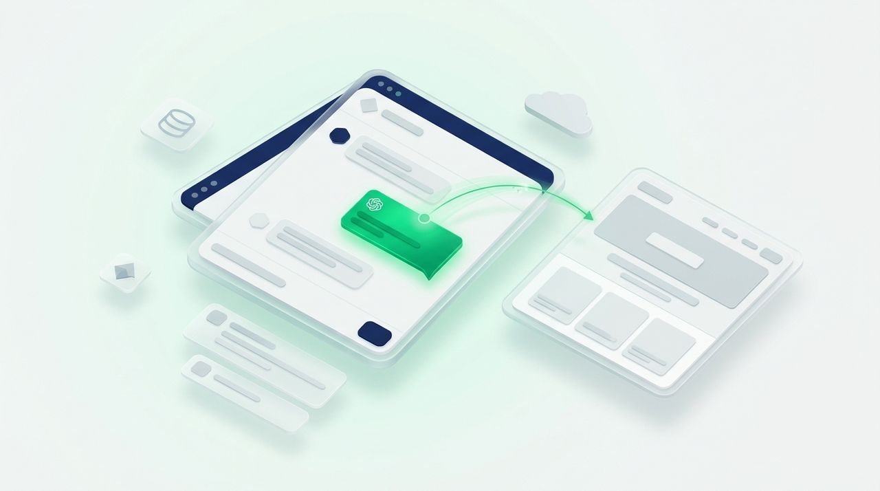 Illustration: an AI chat window with a reply bubble that contains a small green source card pointing to a website card
