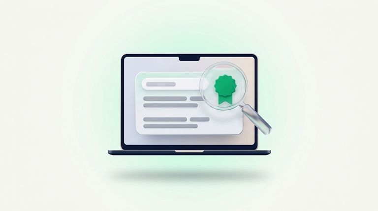 Illustration: a magnifying glass over a single search result card showing a green position badge, a laptop silhouette behind