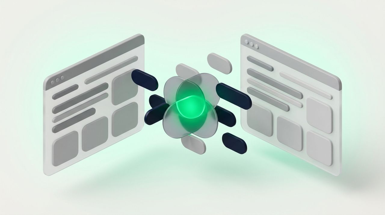 Illustration: two websites side by side with a Venn overlap of keyword chips between them, the overlap green