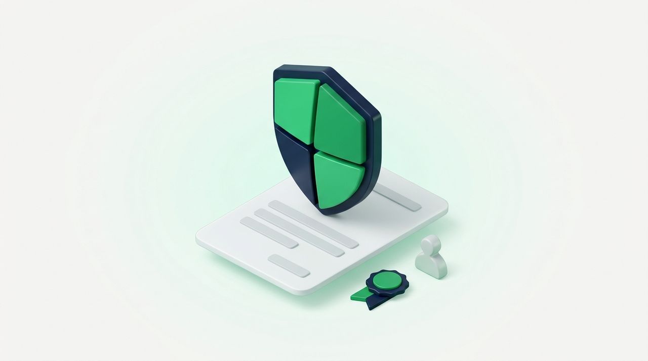 Illustration: a shield with four facets standing on a document, a badge ribbon and a small person silhouette