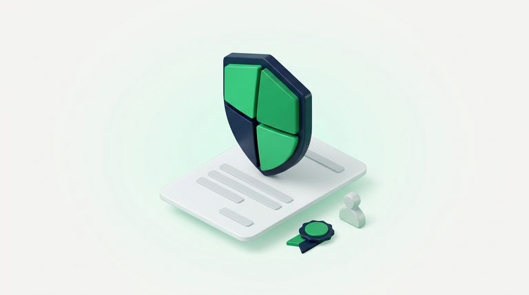 Illustration: a shield with four facets standing on a document, a badge ribbon and a small person silhouette