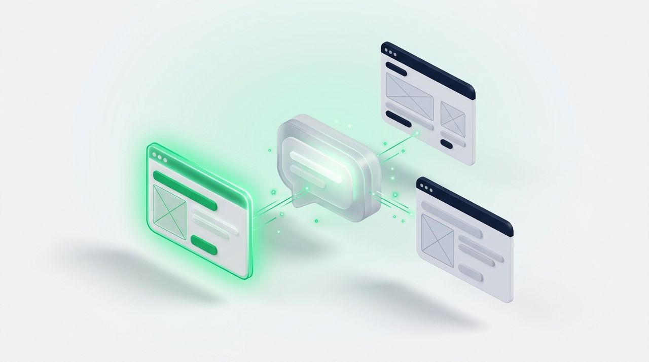 Illustration: a glowing AI chat bubble connected by thin lines to three floating web page cards, one page card highlighted green as the cited source