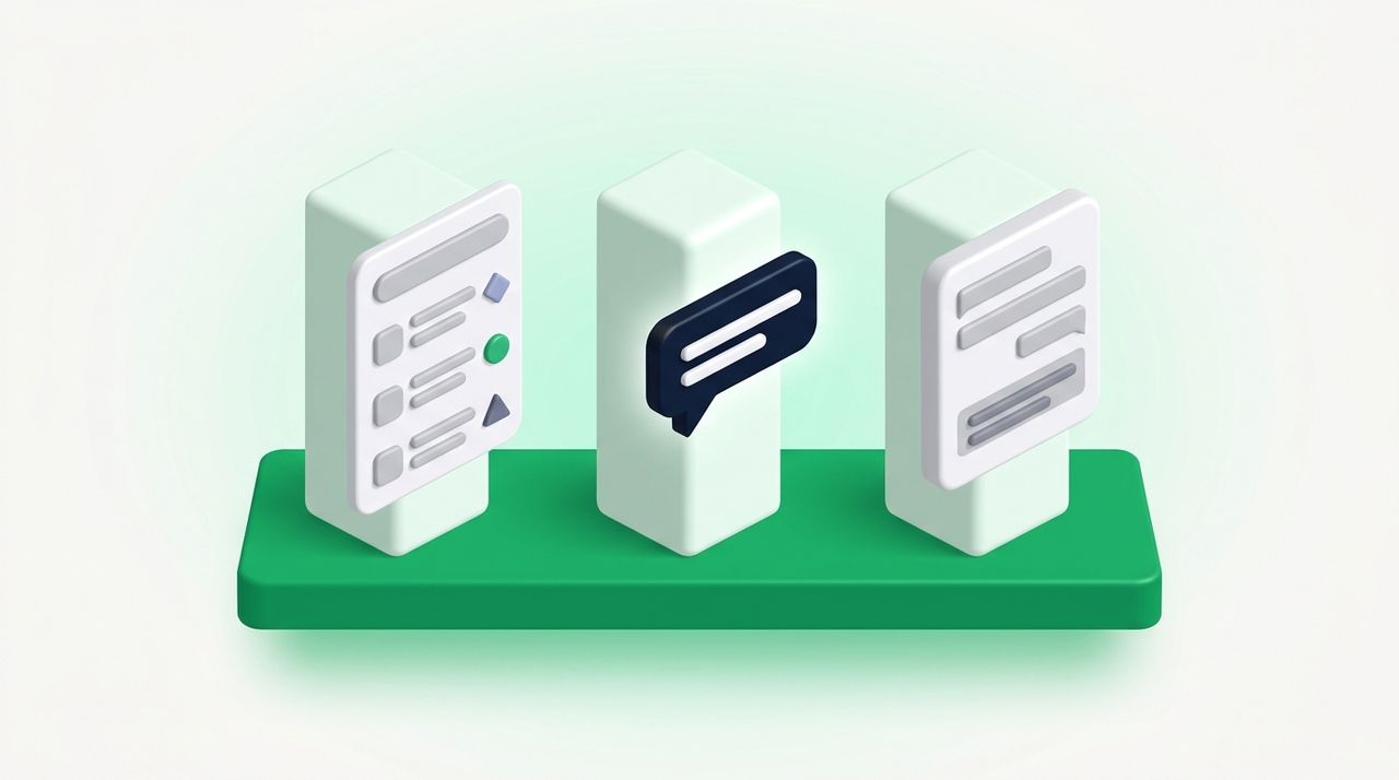 Illustration: three distinct pillars side by side: a search results list, an AI chat bubble and a question-answer card, joined by a shared green base