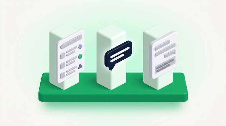 Illustration: three distinct pillars side by side: a search results list, an AI chat bubble and a question-answer card, joined by a shared green base