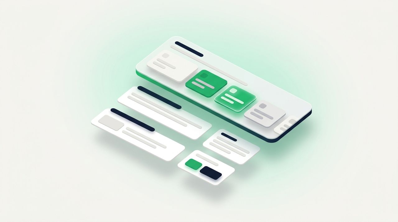 Illustration: a search page with a large summary panel at the top built from several small source cards stacked into it, one green