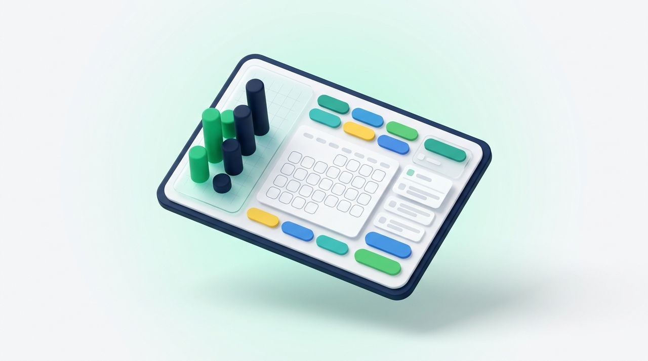 Illustration: a planner board with blank bar charts and a calendar card, keyword chips pinned to it