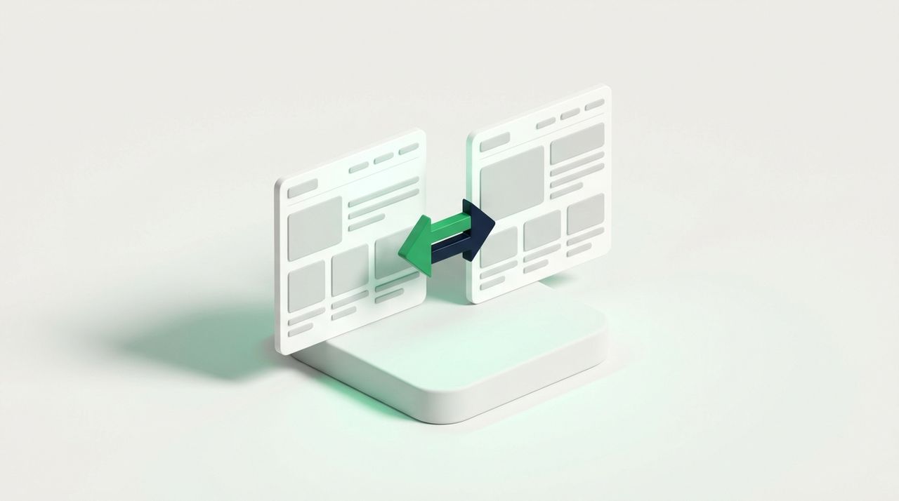 Illustration: two identical web page cards competing on the same podium step, with a split arrow between them