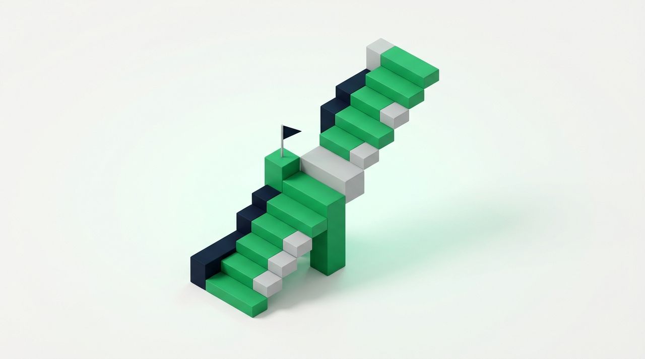 Illustration: a staircase of bars getting taller from left to right with a small flag on a mid-height green step