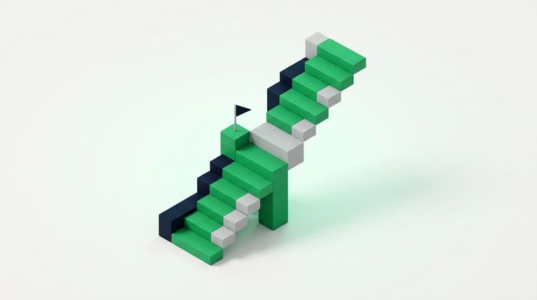 Illustration: a staircase of bars getting taller from left to right with a small flag on a mid-height green step