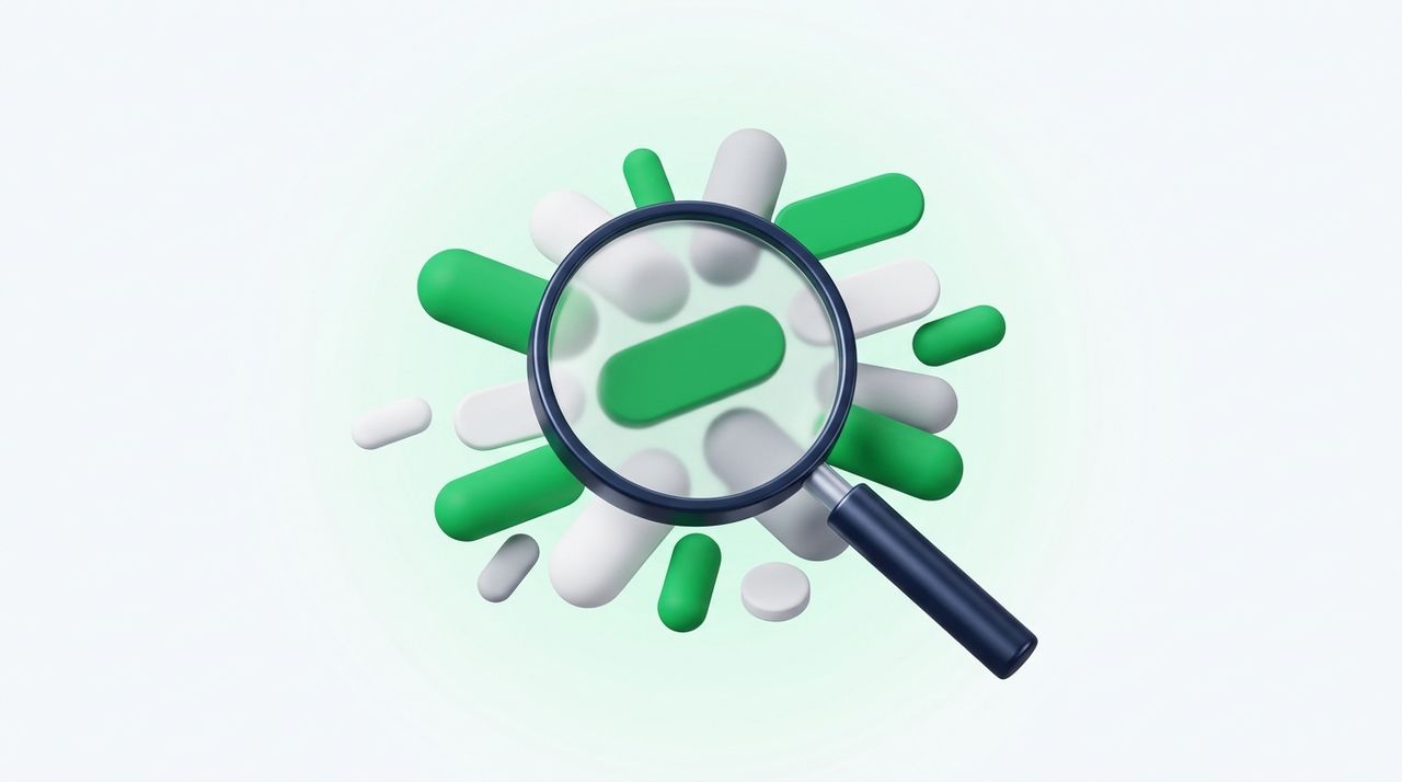 Illustration: a magnifying glass over a cloud of floating keyword chips (blank pills) of different sizes, a few chips green