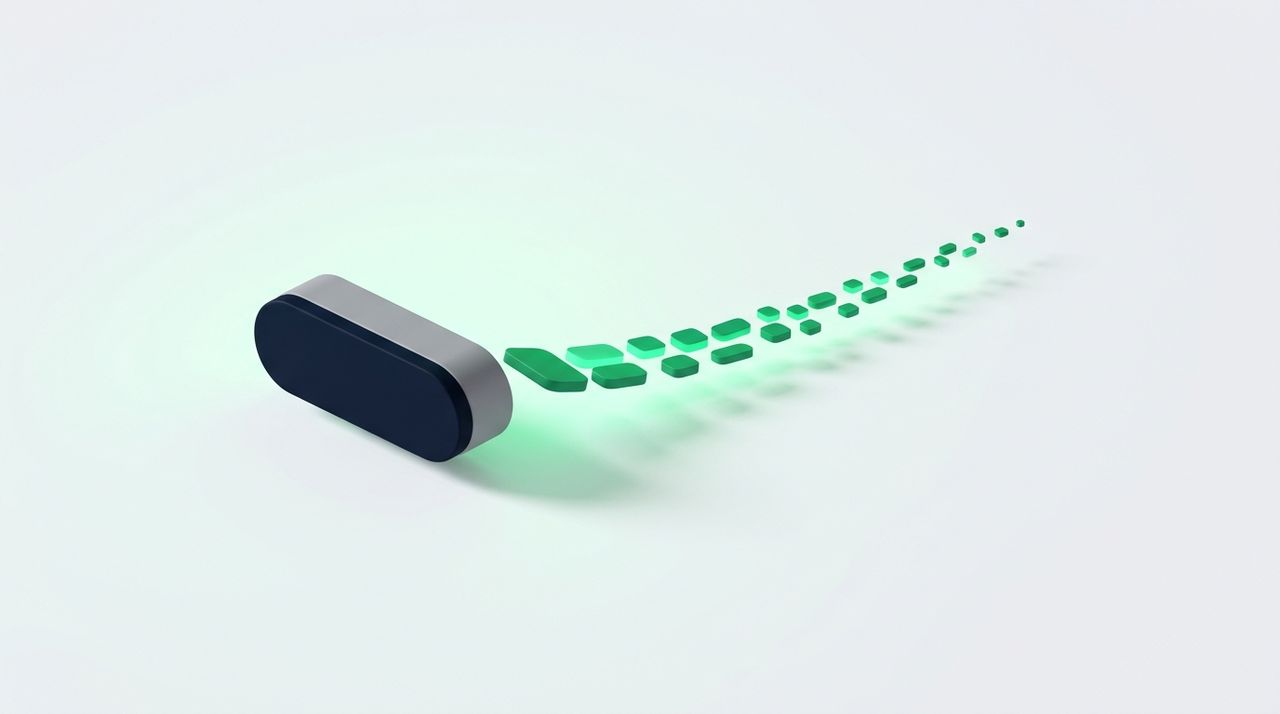 Illustration: one short thick bar on the left and a long tapering trail of small chips extending to the right like a tail, the tail glowing green