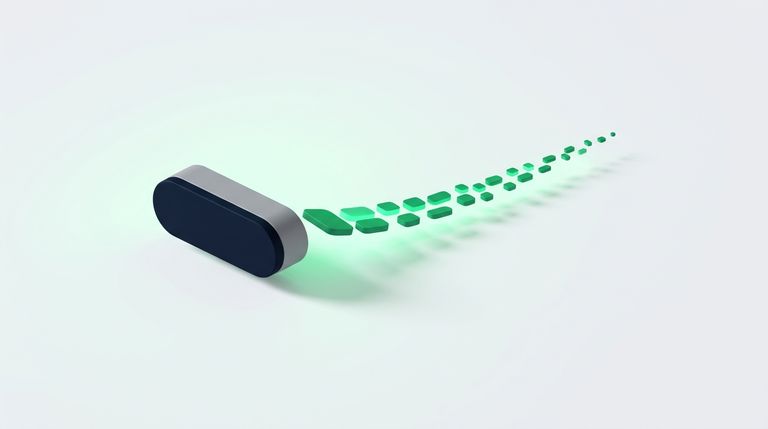 Illustration: one short thick bar on the left and a long tapering trail of small chips extending to the right like a tail, the tail glowing green