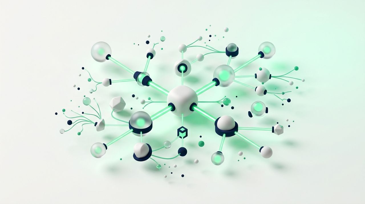 Illustration: a central node connected to many related small nodes in a semantic network graph, green links
