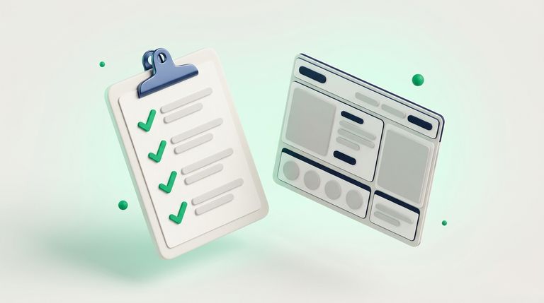 Illustration: a clipboard checklist with green checkmarks next to a web page wireframe
