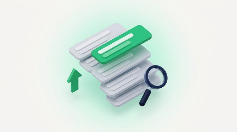 Illustration: a stack of search result cards with one green card rising to the top, an upward arrow and a magnifying glass