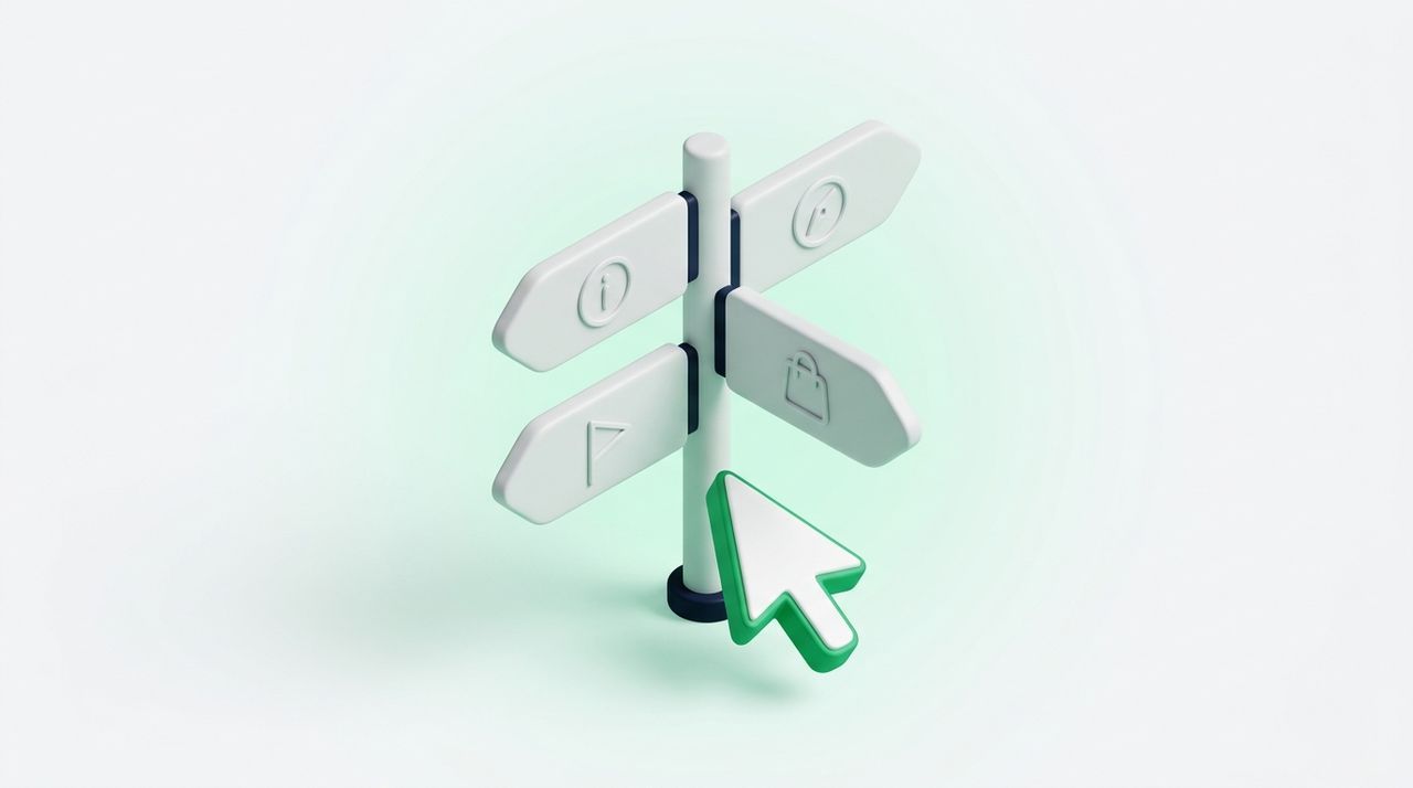 Illustration: four signposts pointing in different directions (info, compass, shopping bag, flag icons), a cursor in the middle