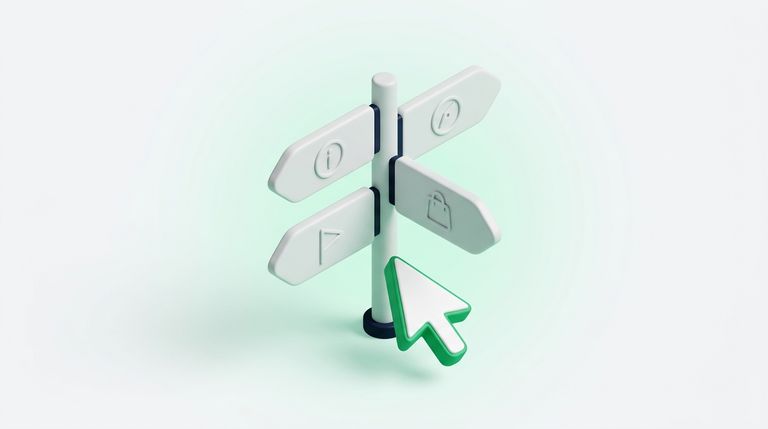 Illustration: four signposts pointing in different directions (info, compass, shopping bag, flag icons), a cursor in the middle