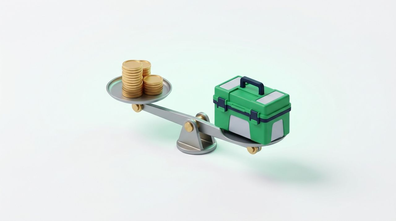 Illustration: a balance scale weighing a stack of coins against a toolbox, the toolbox side green