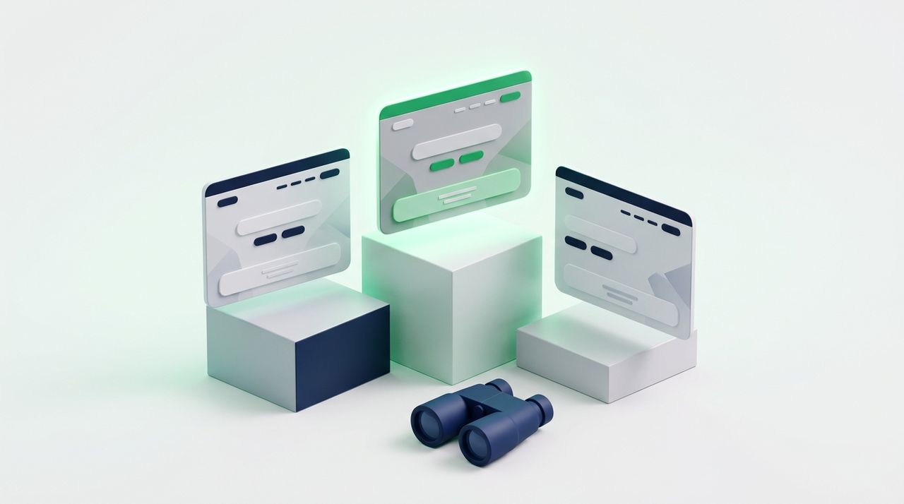 Illustration: three podium blocks with website cards on them and binoculars in front, the winning card green