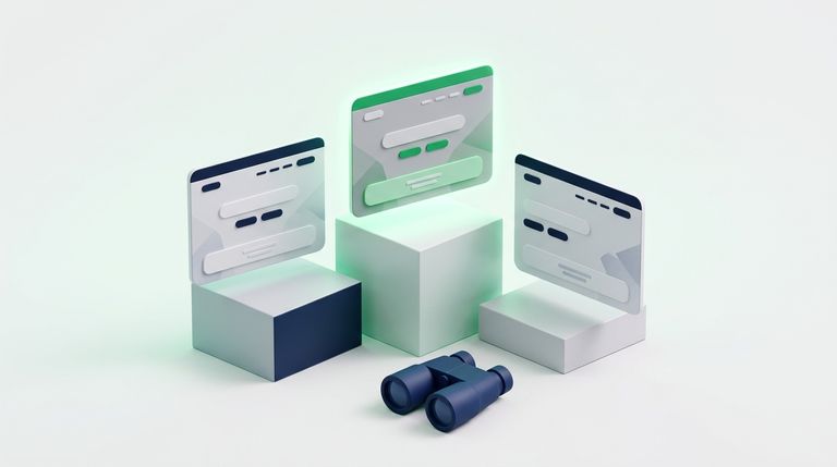 Illustration: three podium blocks with website cards on them and binoculars in front, the winning card green