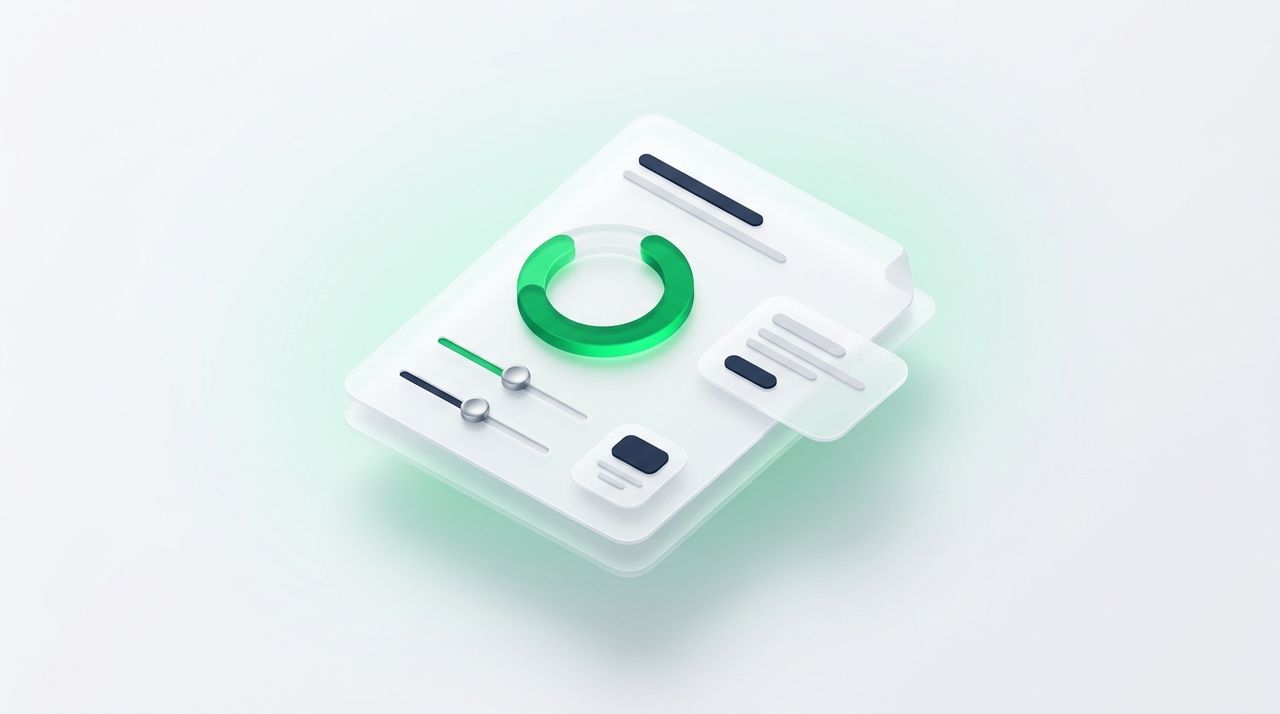 Illustration: a document card with a circular score gauge filled mostly green and small sliders