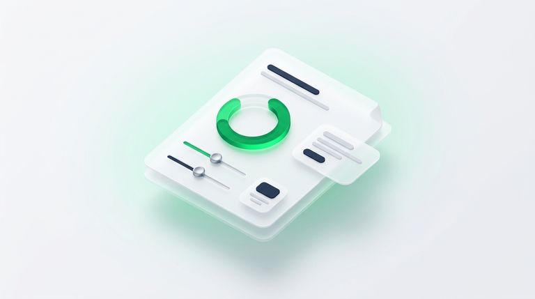 Illustration: a document card with a circular score gauge filled mostly green and small sliders