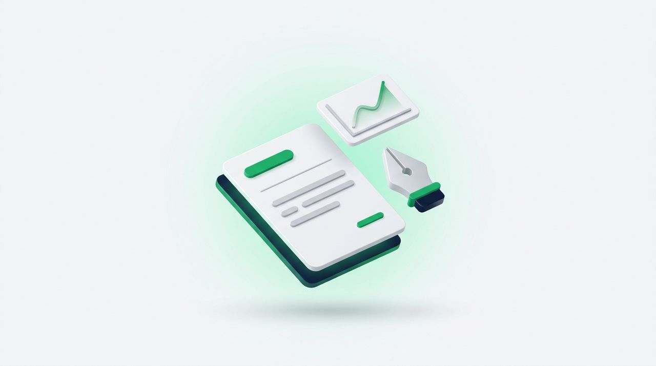 Illustration: a document card with blank text lines, a pen nib and a small rising chart, green accents