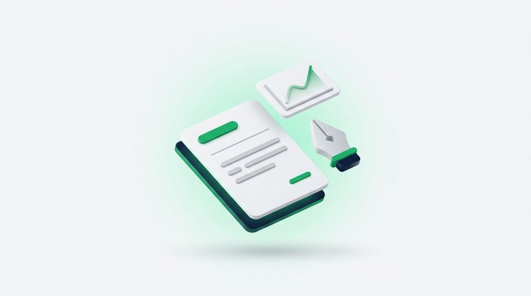 Illustration: a document card with blank text lines, a pen nib and a small rising chart, green accents