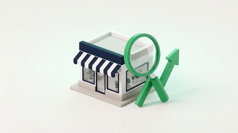 Illustration: a small storefront building with an awning next to a large magnifying glass and an upward green arrow