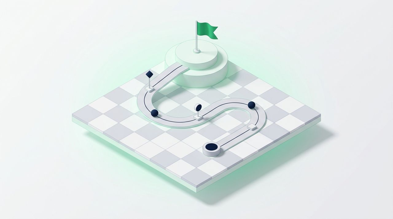 Illustration: a chessboard-like grid with a roadmap path of milestones leading up to a green flag on a hill