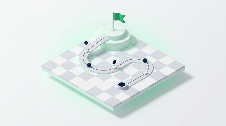 Illustration: a chessboard-like grid with a roadmap path of milestones leading up to a green flag on a hill