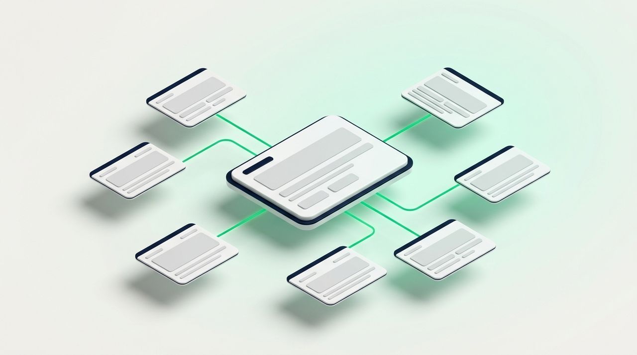 Illustration: a large central hub card connected to a ring of smaller page cards by green lines, like a solar system