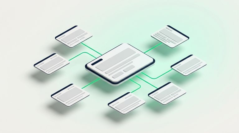 Illustration: a large central hub card connected to a ring of smaller page cards by green lines, like a solar system