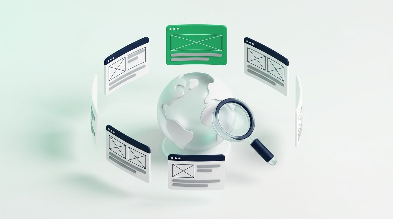 Illustration: a globe-like search sphere with a magnifying glass, web page cards orbiting it, one card green at the top