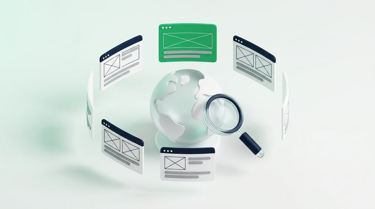 Illustration: a globe-like search sphere with a magnifying glass, web page cards orbiting it, one card green at the top